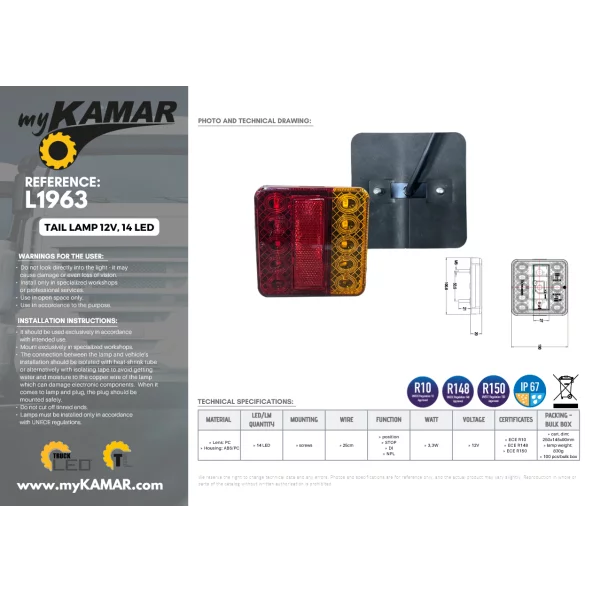 Lampa stop spate cu 5 functii 14LED 12V 1buc Kamar