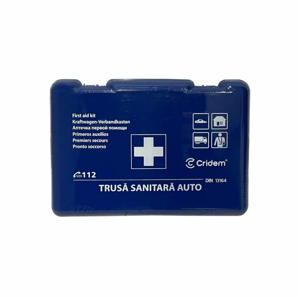 Set pachet prim ajutor auto, trusă sanitară și stingător cu pulbere 1kg Cridem, geantă organizatoare Galben