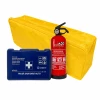 Set pachet prim ajutor auto, trusă sanitară și stingător cu pulbere 1kg Cridem, geantă organizatoare Galben