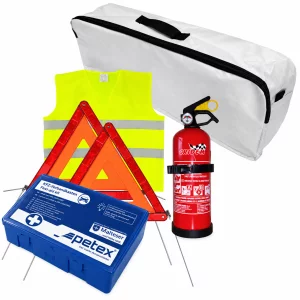 Set pachet prim ajutor auto, trusa sanitara PET, stingator 1kg Cridem, triunghi presemnalizare 2buc, vesta reflectorizanta, geanta organizatoare Alb
