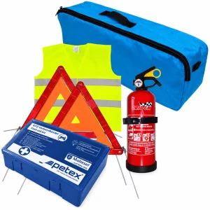 Set pachet prim ajutor auto, trusa sanitara PET, stingator 1kg Cridem, triunghi presemnalizare 2buc, vesta reflectorizanta, geanta organizatoare Albastru