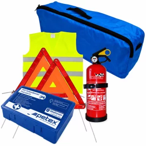 Set pachet prim ajutor auto, trusa sanitara PET, stingator 1kg Cridem, triunghi presemnalizare 2buc, vesta reflectorizanta, geanta organizatoare Bleumarin