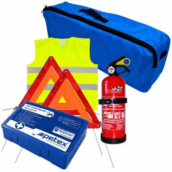 Set pachet prim ajutor auto, trusa sanitara PET, stingator 1kg Cridem, triunghi presemnalizare 2buc, vesta reflectorizanta, geanta organizatoare Bleumarin