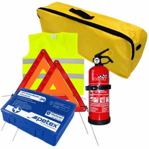 Set pachet prim ajutor auto, trusa sanitara PET, stingator 1kg Cridem, triunghi presemnalizare 2buc, vesta reflectorizanta, geanta organizatoare Galben