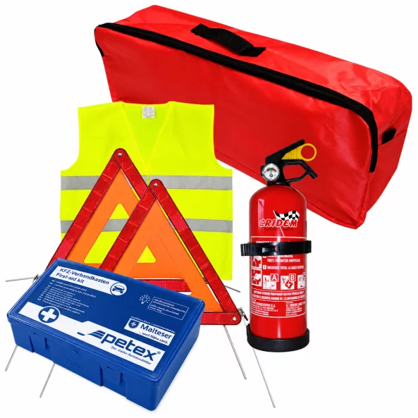Set pachet prim ajutor auto, trusa sanitara PET, stingator 1kg Cridem, triunghi presemnalizare 2buc, vesta reflectorizanta, geanta organizatoare Rosu