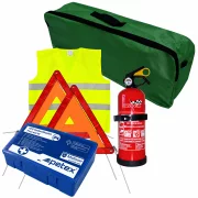 Set pachet prim ajutor auto, trusa sanitara PET, stingator 1kg Cridem, triunghi presemnalizare 2buc, vesta reflectorizanta, geanta organizatoare Verde