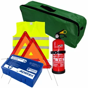 Set pachet prim ajutor auto, trusa sanitara PET, stingator 1kg Cridem, triunghi presemnalizare 2buc, vesta reflectorizanta, geanta organizatoare Verde